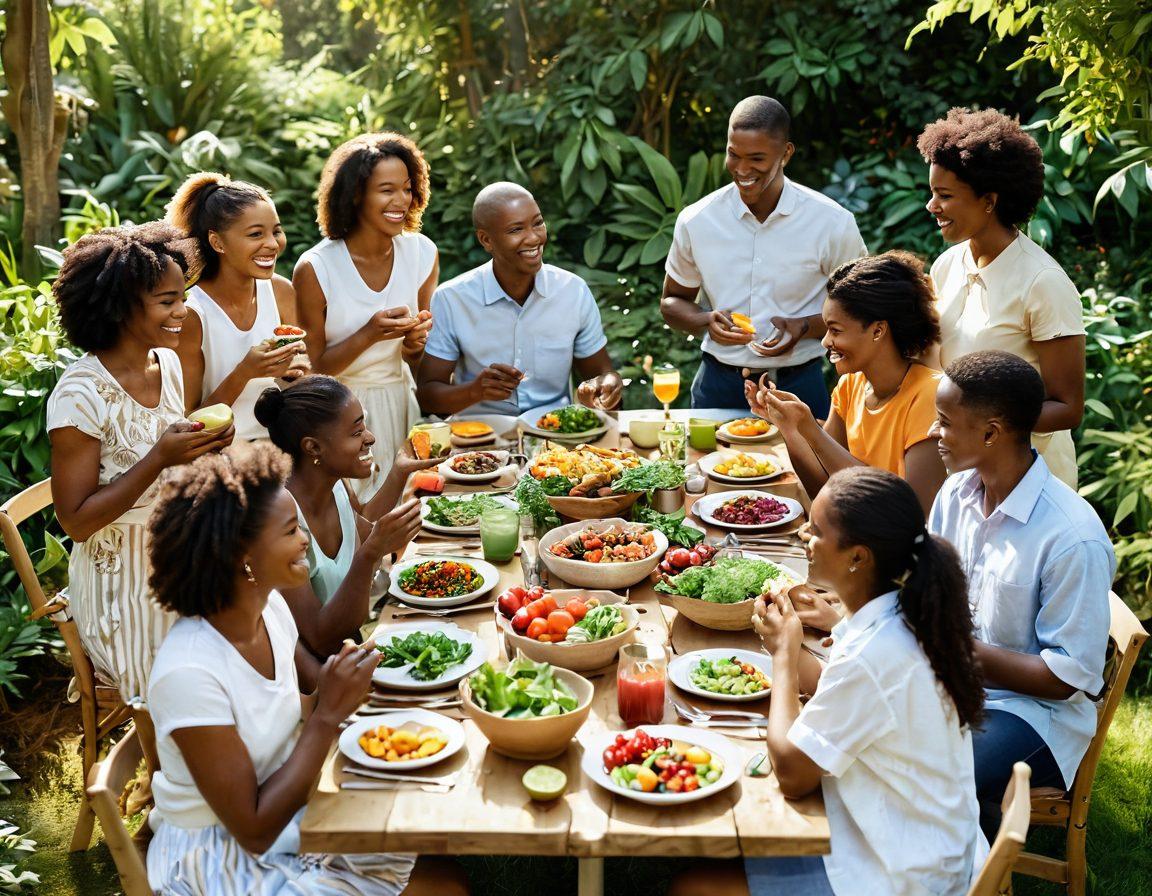 A peaceful scene featuring a diverse group of individuals sharing a healthy meal together in a sunlit outdoor setting, surrounded by lush greenery and vibrant flowers. Each person shows joy and connection, showcasing different cuisines symbolizing nutrition diversity. Include elements that depict advocacy, such as banners with positive messages about health and well-being. super-realistic. vibrant colors. nature-inspired.