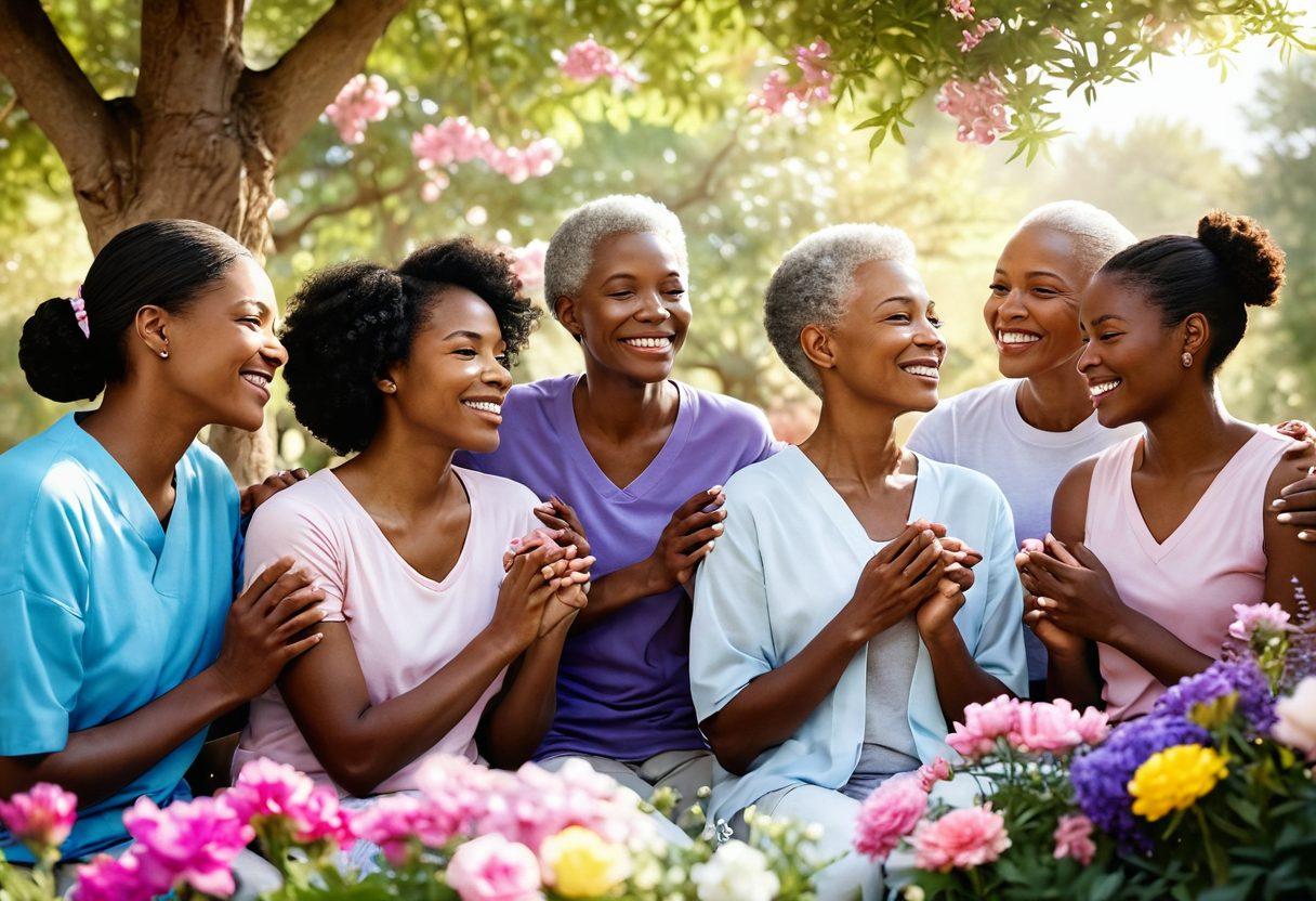 A serene scene depicting a supportive community gathering, with diverse individuals embracing and sharing stories. Soft light shines through a backdrop of blooming flowers, symbolizing hope and resilience. Include elements of cancer awareness, such as ribbons and colorful banners, in a comforting environment. The overall mood should convey strength and empowerment. vibrant colors. super-realistic.