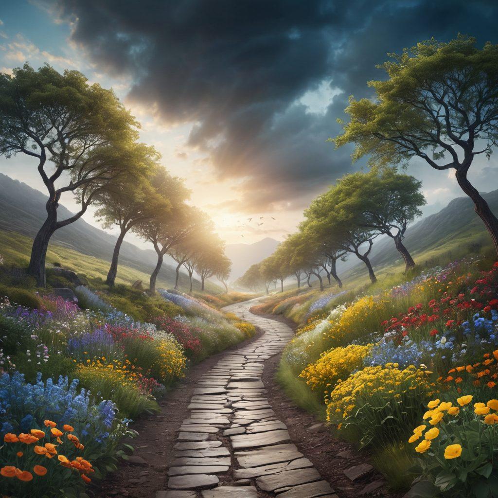An artistic representation of a winding road leading from a dark, shadowy area labeled 'Diagnosis' to a bright, flourishing landscape titled 'Thriving'. Incorporate visuals of supportive hands, books, and symbols of growth like trees and flowers along the pathway. The sky transitions from gloomy gray to a sunny blue, reflecting hope and positivity. Include diverse individuals celebrating their journey towards better health and support. super-realistic. vibrant colors. uplifting atmosphere.